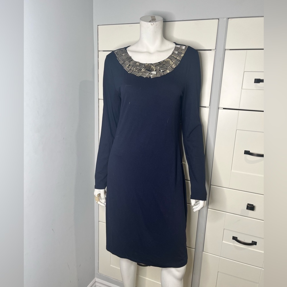 Spanner. LBD. Long sleeve. Stretch. Little black dress. Beaded neckline. Small